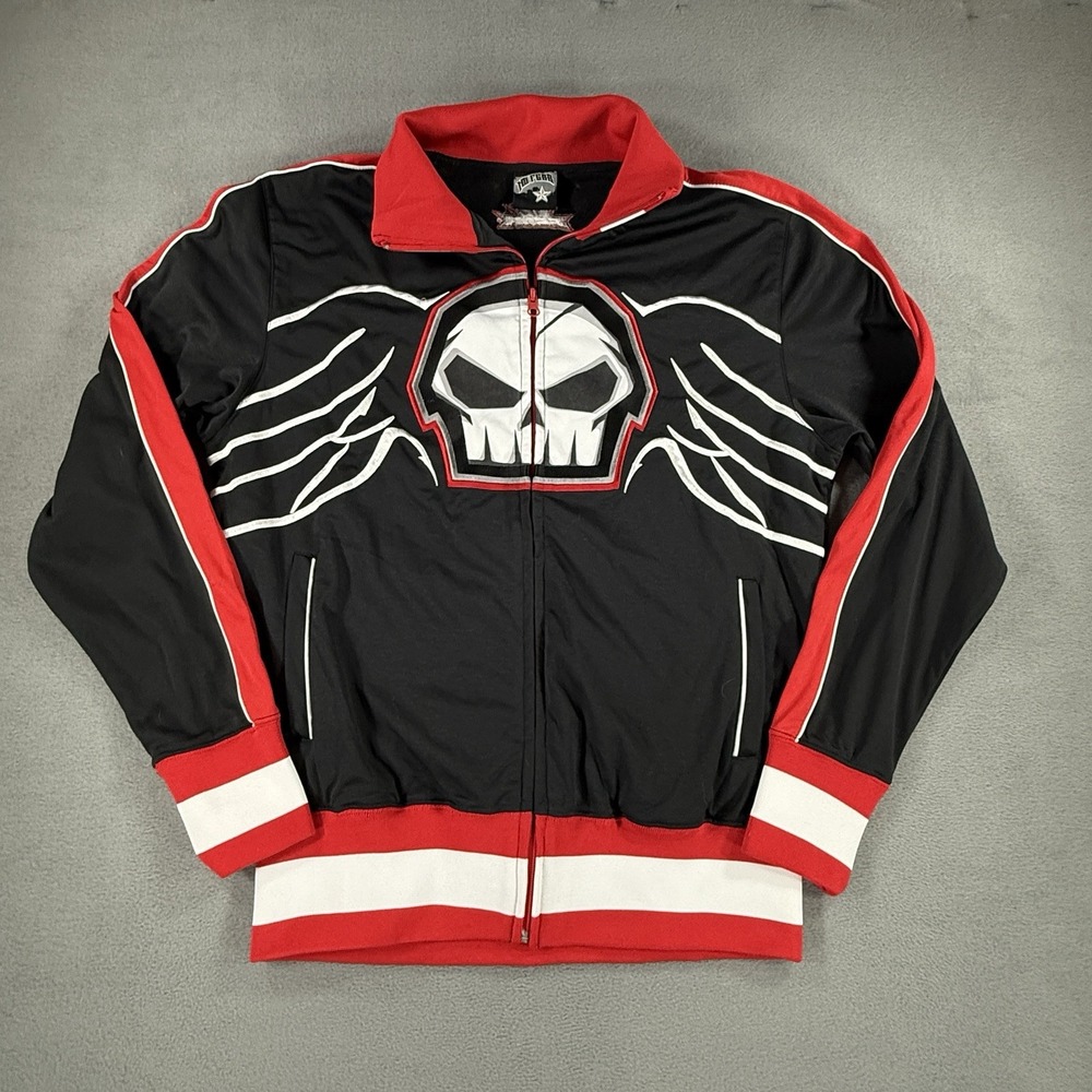 NO FEAR Men Track Jacket Full Zip Graphic Skull Black Red Y2K Large Rare